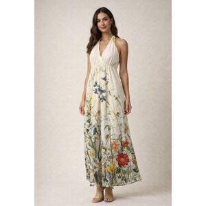 Rinascimento Made in Italy Floral Maxi Dress – Yellow & Ivory Halter – M